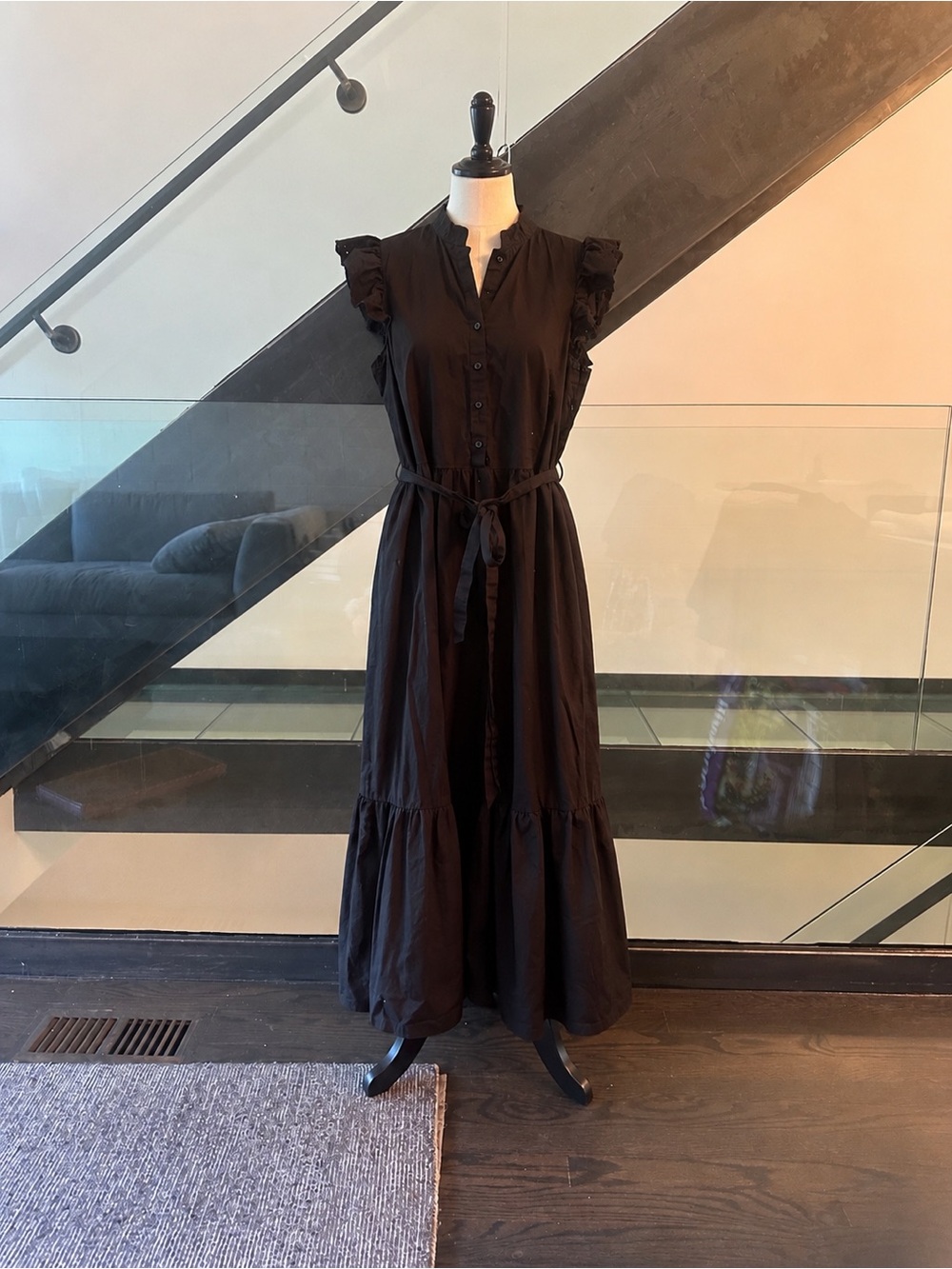 Who What Wear Black Ruffle-Sleeve Button-Front Cotton Maxi Dress